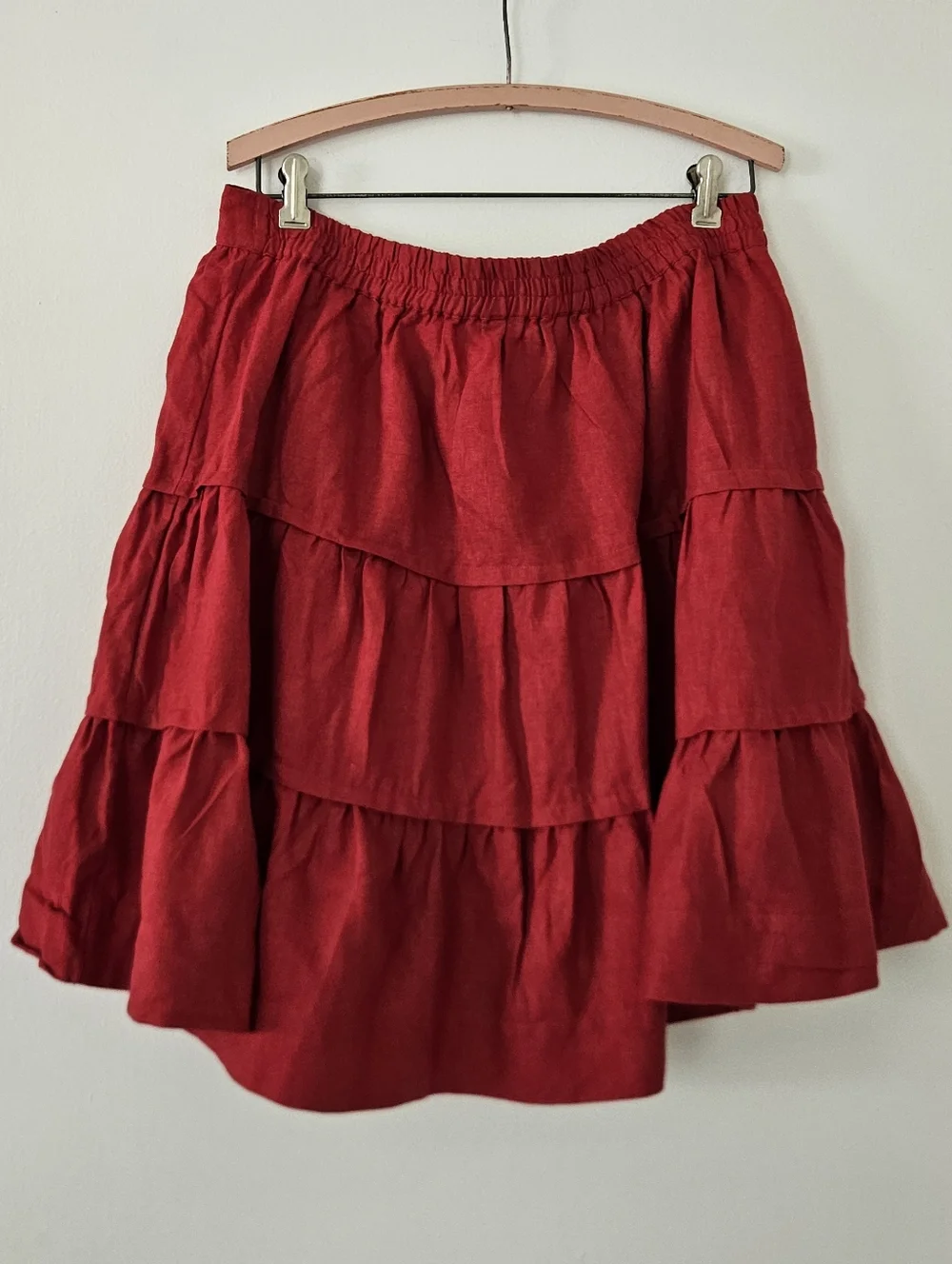 Soft Surroundings Skirt L Tiered Linen Red Americana Pin-Up Pull on Flirty Fairy